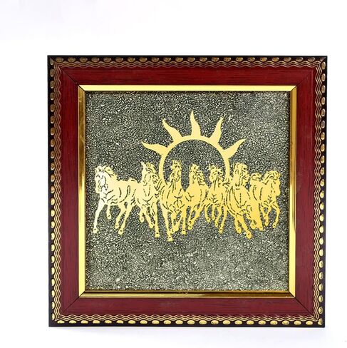 SATVIK 7 Horses on Raw Pyrite Frame – Natural Raw Pyrite Crystal Decorative Frame with Wooden Base – Seven Running Horses Motif for Home & Office Décor in Saudi Arabia