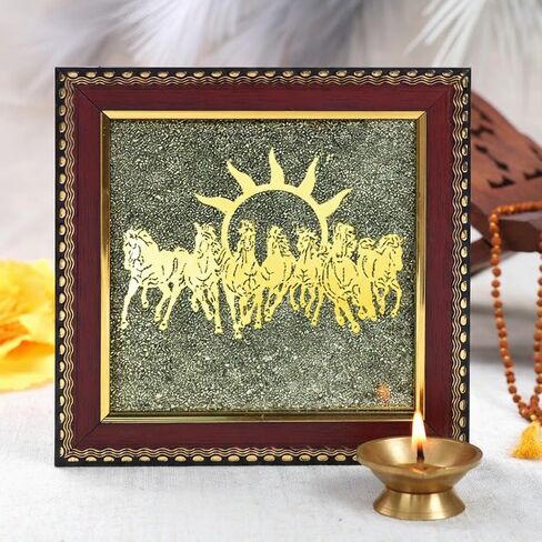 SATVIK 7 Horses on Raw Pyrite Frame – Natural Raw Pyrite Crystal Decorative Frame with Wooden Base – Seven Running Horses Motif for Home & Office Décor in Saudi Arabia