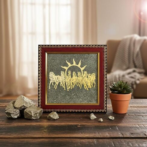 SATVIK 7 Horses on Raw Pyrite Frame – Natural Raw Pyrite Crystal Decorative Frame with Wooden Base – Seven Running Horses Motif for Home & Office Décor in Saudi Arabia