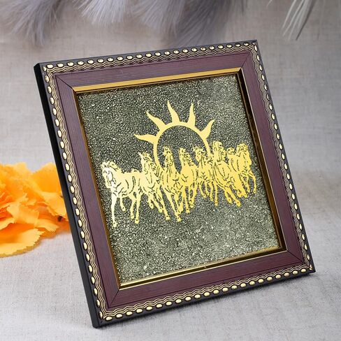 SATVIK 7 Horses on Raw Pyrite Frame – Natural Raw Pyrite Crystal Decorative Frame with Wooden Base – Seven Running Horses Motif for Home & Office Décor in Saudi Arabia