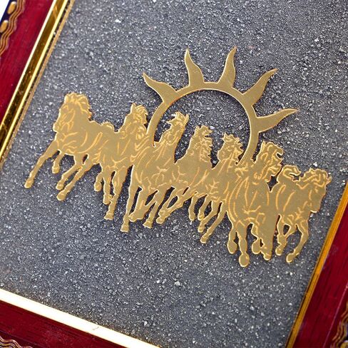 SATVIK 7 Horses on Raw Pyrite Frame – Natural Raw Pyrite Crystal Decorative Frame with Wooden Base – Seven Running Horses Motif for Home & Office Décor in Saudi Arabia