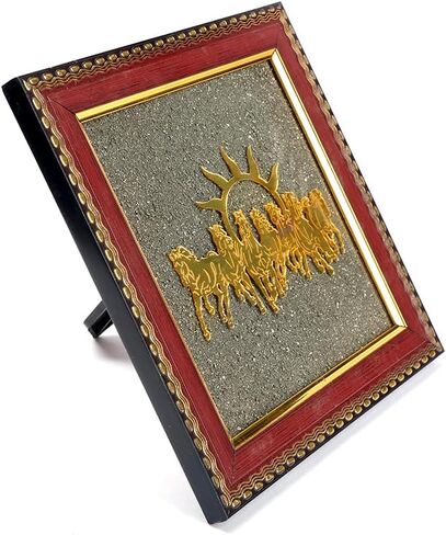 SATVIK 7 Horses on Raw Pyrite Frame – Natural Raw Pyrite Crystal Decorative Frame with Wooden Base – Seven Running Horses Motif for Home & Office Décor in Saudi Arabia