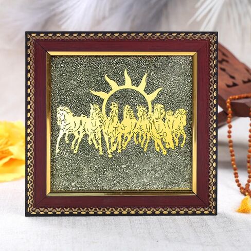 SATVIK 7 Horses on Raw Pyrite Frame – Natural Raw Pyrite Crystal Decorative Frame with Wooden Base – Seven Running Horses Motif for Home & Office Décor in Saudi Arabia