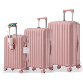 Luggage Sets 3 Piece with USB Charging Port and Phone Holder,Hardshell Luggage Set with Spinner Wheels, ABS Hardside Suitcase Set for Women Men Travel (Pink) in Saudi Arabia
