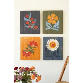 Set of 4 Hand Painted Recycled Wood Floral Wall Art Panels – Colorful Folk Inspired Botanical Wall Decor - Rustic Farmhouse Decorative Wood Art for Living Room, Bedroom & Entryway in Saudi Arabia