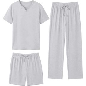 Sykooria Mens 3 Piece Pajama Set Short Sleeve Sleepwear with Shorts & Pants Set Lightweight Soft Loungewear S-3XL in Saudi Arabia