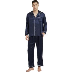 Mommesilk 100% Silk Pajamas Set for Men Long Sleeve Pajama Top with Pant Cool for Summer 2PC Silk Sleepwear Piped Soft in Kuwait