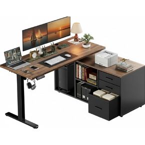 Marsail L-Shaped Executive Standing Desk with File Cabinet, 55" x 24" Electric Height Adjustable Stand up Desk, One-Whole Piece Desktop, Home Office Modern Computer Deskwith 4 Memory Presets in Saudi Arabia