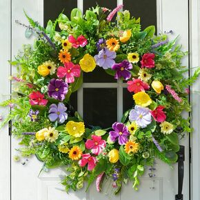 24 Inch Summer Wreaths for Front Door, Luxury Colorful Summer Door Wreath with Eucalyptus & Wild Blooms, Artificial Spring Summer Wreath for Indoor Outdoor Home Wall Porch Mantel Summer Decor in Saudi Arabia