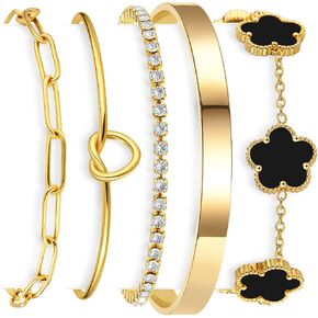 Stackable Gold Bracelet Set for Women, 18K Gold Plated Stainless Steel Non Tarnish Waterproof Bracelets, Adjustable Clover Paperclip Tennis Knot Bangle Set, Dainty Trendy Jewelry Gift for Her Mothers Day Mom Birthday in Kuwait