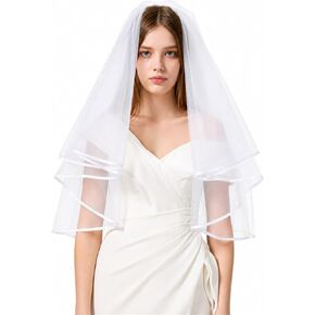 White Bridal Veil for Bride, 2 Tier Short Wedding Veil with Comb, Lightweight Satin Edge Tulle Veil for Bachelorette Party, Bridal Shower, Wedding Photos in Saudi Arabia