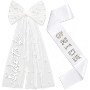 Bride to Be Veil and Sash Set, Pearl Bachelorette Veil with Bow White Satin Bride Sash, Bachelorette Party Decorations Bridal Shower Gift in Saudi Arabia