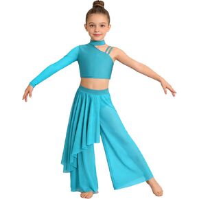 2Pcs Girls Lyrical Ballet Dance Costume Contemporary Gymnastics Leotard Asymmetrical Wide Leg Dress Outfit for Kids in Saudi Arabia