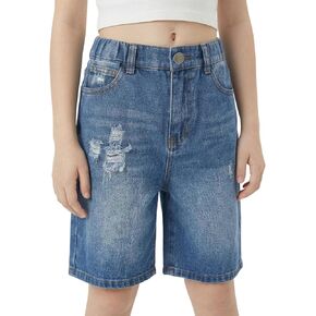 Girls' Distressed Denim Bermuda Shorts - Relaxed Fit Knee-Length Jean Shorts for Casual Daily Wear in Saudi Arabia