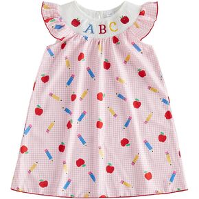 Toddler Girls Back to School Outfit ABC Apple Embroidery Pencil Flying Sleeve Smocked A Line Dress Kids Gingham Dress in Saudi Arabia
