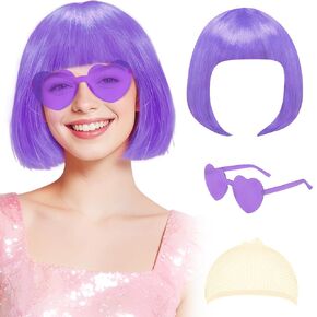 Bob Wig and Heart Sunglasses Set, Colorful Neon Short Hair Wigs for Women Cosplay Costume Party (Hot Pink) in Saudi Arabia