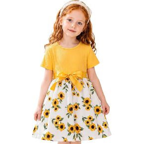 Vitianalie Girls Floral A-Line Dress, Short Sleeve Twirl Dress with Bow Waist, Kids Casual Summer Dress 4-8Y in Saudi Arabia