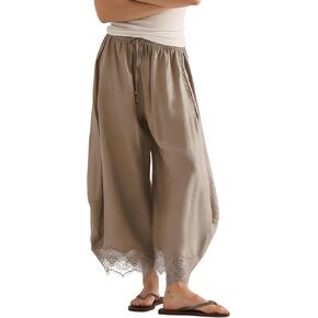 Lviefent Womens Cropped Lace Hem Pants Casual Drawstring Waist Summer Wide Leg Pants Beach Trousers with Pockets in Saudi Arabia