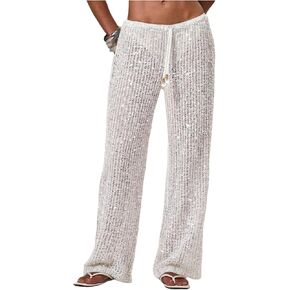 WDIRARA Women's Sequin Crochet Cover Up Pants Hollow Out Beach Pants Swimwear in Kuwait