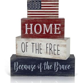 4th of July Decorations, 4 Sets Patriotic Wooden Block Table Centerpieces, Red White Blue Independence Day Memorial Day Tabletop Decorations, Rustic Labor Day Tiered Tray Decor for Home Office in Kuwait