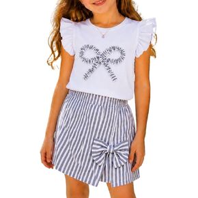 Toddler Girls Clothes Summer Short Sleeve T-Shirt + Short Shorts 2pcs Bow Outfit Set For Girls, Size 4-8 Years in Saudi Arabia
