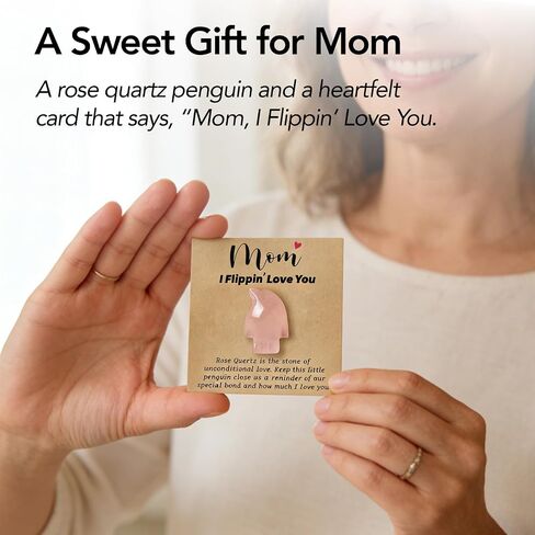 Gift for Mom, Rose Quartz Penguin Pocket Hug Keepsaket, Mom I Flippin' Love You Crystal Gift, Sentimental Birthday Gift for Mama, Meaningful Gift from Daughter or Son in Saudi Arabia