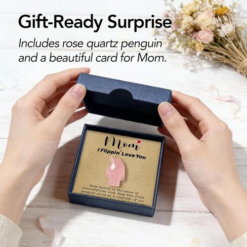 Gift for Mom, Rose Quartz Penguin Pocket Hug Keepsaket, Mom I Flippin' Love You Crystal Gift, Sentimental Birthday Gift for Mama, Meaningful Gift from Daughter or Son in Saudi Arabia
