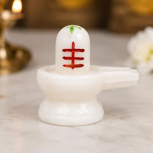 BIGNAY Zyrena White Marble Shiva Lingam 2 Inch with Tripundra & Bel Patra | Shivling for Pooja, Home Temple in Saudi Arabia
