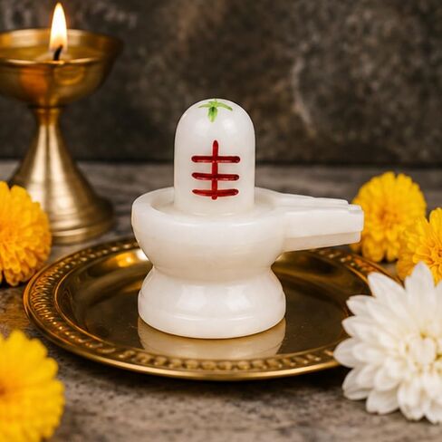BIGNAY Zyrena White Marble Shiva Lingam 2 Inch with Tripundra & Bel Patra | Shivling for Pooja, Home Temple in Saudi Arabia