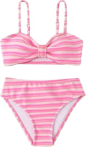 RoseSeek Girl's 2 Piece Striped Bikini Sets Knot Front Spaghetti Strap Tops with High Waisted Panties Beachwear in Kuwait