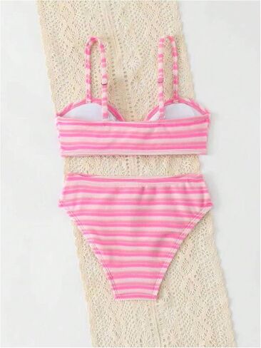 RoseSeek Girl's 2 Piece Striped Bikini Sets Knot Front Spaghetti Strap Tops with High Waisted Panties Beachwear in Kuwait