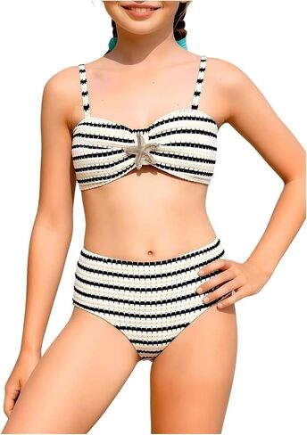 GORGLITTER Girl's 2 Piece Bikini Set Crochet Striped Metal Star Swimsuit Summer High Waisted Bathing Suit Cute Swimwear in Kuwait