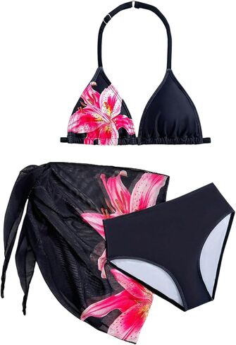 Floerns Girl's 3 Piece Bikini Sets Floral Halter Swimsuit with Cover Up Skirt Bathing Suit in Kuwait