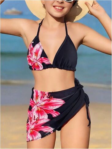 Floerns Girl's 3 Piece Bikini Sets Floral Halter Swimsuit with Cover Up Skirt Bathing Suit in Kuwait