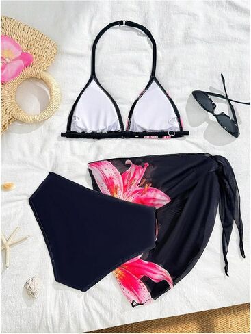 Floerns Girl's 3 Piece Bikini Sets Floral Halter Swimsuit with Cover Up Skirt Bathing Suit in Kuwait