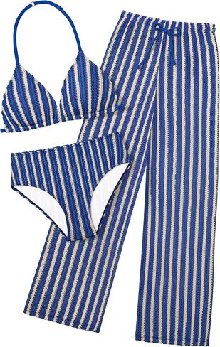 Girls Swimsuit V-Neck Halter Backless 3 Piece Bikini Sets with Cover Up Pants Stripe Bathing Suit for Girls 7-14 Years in Saudi Arabia