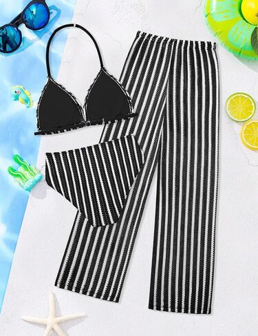 Girls Swimsuit V-Neck Halter Backless 3 Piece Bikini Sets with Cover Up Pants Stripe Bathing Suit for Girls 7-14 Years in Saudi Arabia