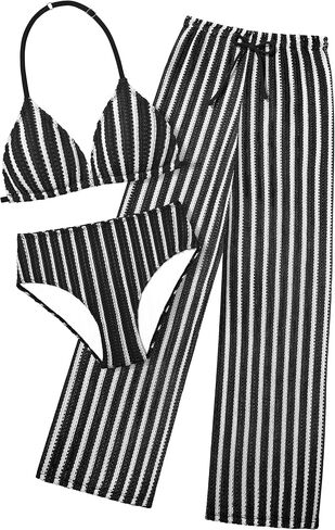 Girls Swimsuit V-Neck Halter Backless 3 Piece Bikini Sets with Cover Up Pants Stripe Bathing Suit for Girls 7-14 Years in Saudi Arabia