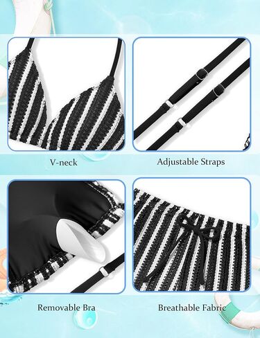Girls Swimsuit V-Neck Halter Backless 3 Piece Bikini Sets with Cover Up Pants Stripe Bathing Suit for Girls 7-14 Years in Saudi Arabia