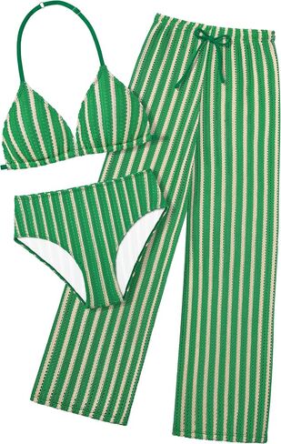 Girls Swimsuit V-Neck Halter Backless 3 Piece Bikini Sets with Cover Up Pants Stripe Bathing Suit for Girls 7-14 Years in Saudi Arabia