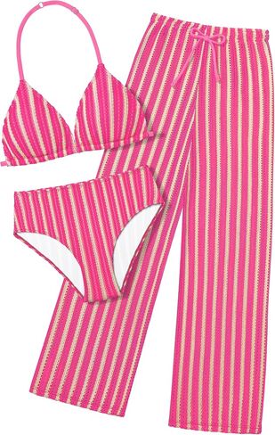 Girls Swimsuit V-Neck Halter Backless 3 Piece Bikini Sets with Cover Up Pants Stripe Bathing Suit for Girls 7-14 Years in Saudi Arabia