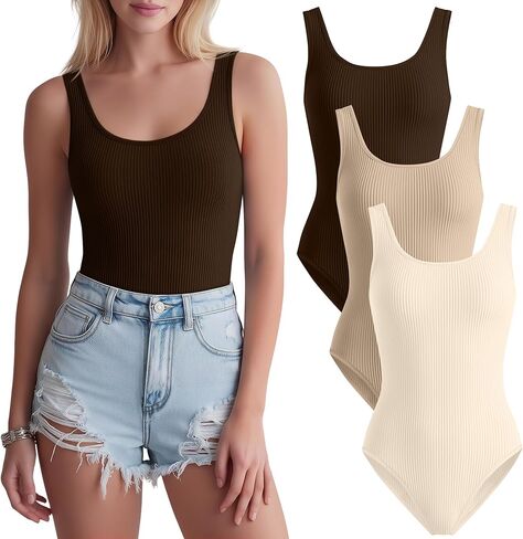 3 Pack Women's Ballet Tank Leotards Ribbed Cotton Scoop Neck Dancewear Sleeveless Adult Gymnastics Bodysuit (Cream, Apricot, Coffee,X-Large) in Kuwait