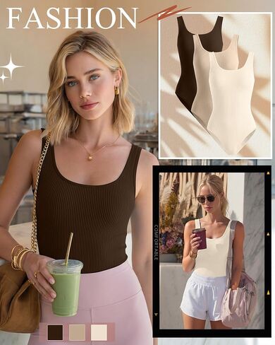 3 Pack Women's Ballet Tank Leotards Ribbed Cotton Scoop Neck Dancewear Sleeveless Adult Gymnastics Bodysuit (Cream, Apricot, Coffee,X-Large) in Kuwait