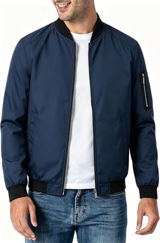 Men's Lightweight Bomber Jacket Spring Fall Casual Windbreaker Full-Zip Coat with Side Pockets in Kuwait