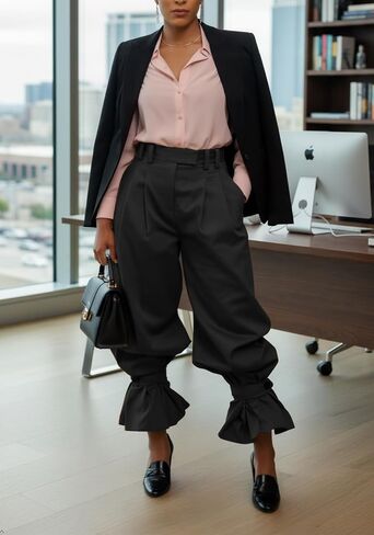 LETSVDO Women Wide Leg Dress Pants High Waist Paper Bag Ruffle Lantern Barrel Slacks Casual Work Business Cropped Trousers in Kuwait