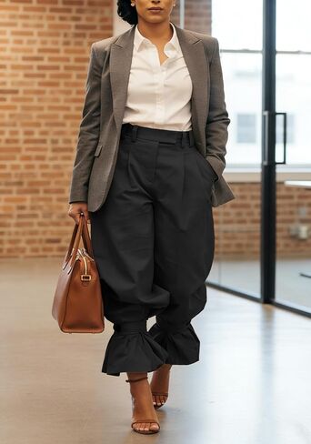 LETSVDO Women Wide Leg Dress Pants High Waist Paper Bag Ruffle Lantern Barrel Slacks Casual Work Business Cropped Trousers in Kuwait