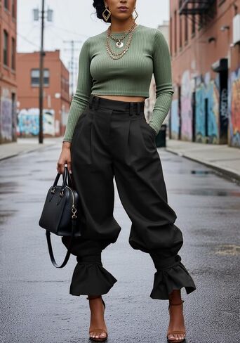 LETSVDO Women Wide Leg Dress Pants High Waist Paper Bag Ruffle Lantern Barrel Slacks Casual Work Business Cropped Trousers in Kuwait