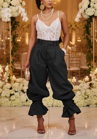LETSVDO Women Wide Leg Dress Pants High Waist Paper Bag Ruffle Lantern Barrel Slacks Casual Work Business Cropped Trousers in Kuwait