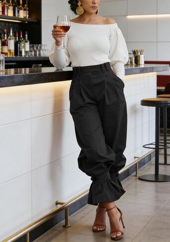 LETSVDO Women Wide Leg Dress Pants High Waist Paper Bag Ruffle Lantern Barrel Slacks Casual Work Business Cropped Trousers in Kuwait