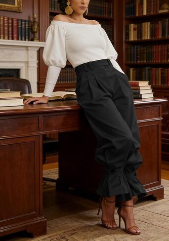 LETSVDO Women Wide Leg Dress Pants High Waist Paper Bag Ruffle Lantern Barrel Slacks Casual Work Business Cropped Trousers in Kuwait